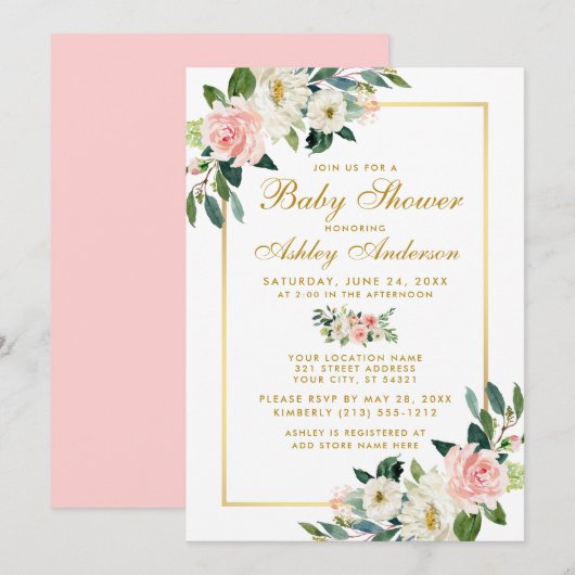 Baby shower Rose Blanc Or Floral Invitation P (Devant / Derrière)