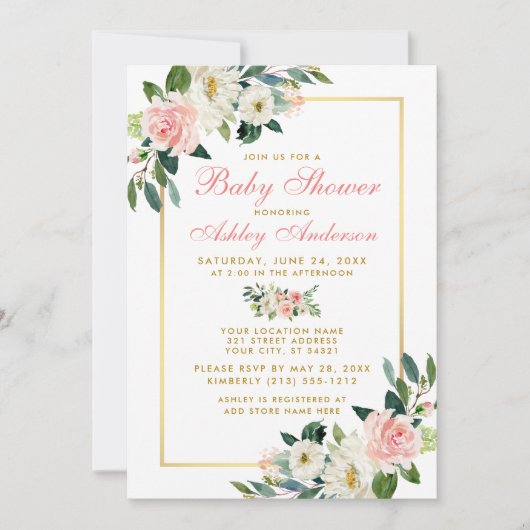 Baby shower Rose Blanc Or Floral Invitation Pk (Devant)