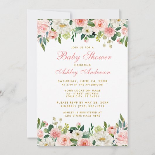 Baby shower Rose Blush Floral Blanc Or Invitation (Devant)