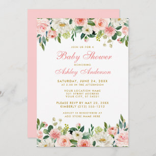 Baby shower Rose Blush Floral Blanc Or Invitation 