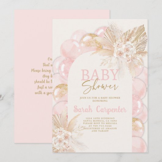 Baby shower rose Boho Arch Invitation fille (Devant / Derrière)