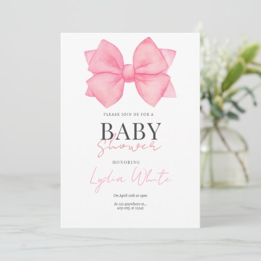 Baby shower rose Bow Invitation Baby shower fille (Debout devant)