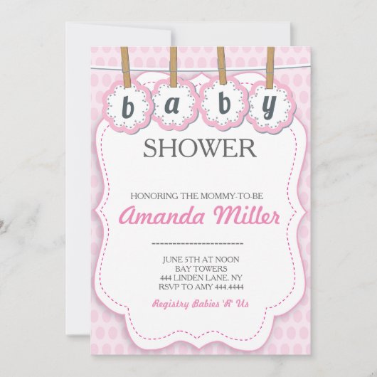 Baby shower rose clothespine invitations (Devant)