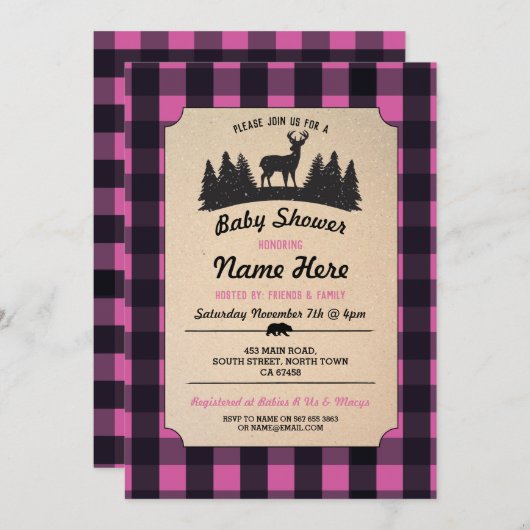 Baby shower rose de Lumberjack Invitation de bois (Devant / Derrière)