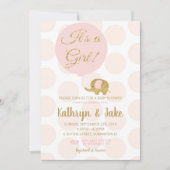Baby shower rose et or Eléphant Invitation fille (Devant)
