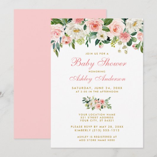 Baby shower rose Floral blanc or Invitation Pk (Devant / Derrière)