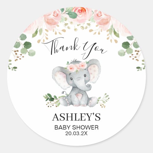 Baby shower rose Floral Elephant Favoriser Sticker (Devant)