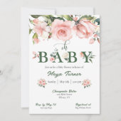 Baby shower rose floral et vert Invitation (Devant)