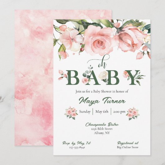 Baby shower rose floral et vert Invitation (Devant / Derrière)