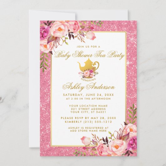 Baby shower rose Floral Gold Tea Party Invitation (Devant)