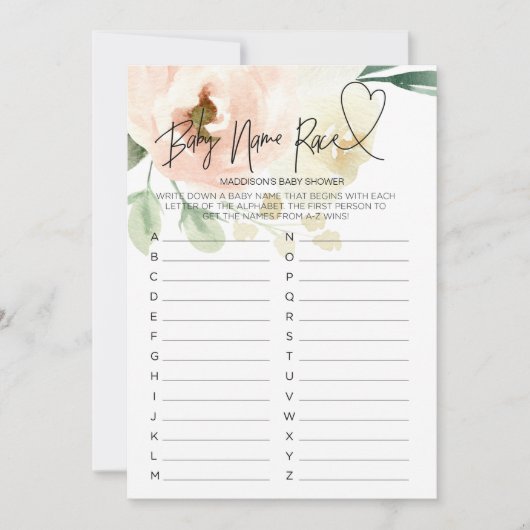 Baby shower rose Floral Nom du bébé Carte de race (Devant)