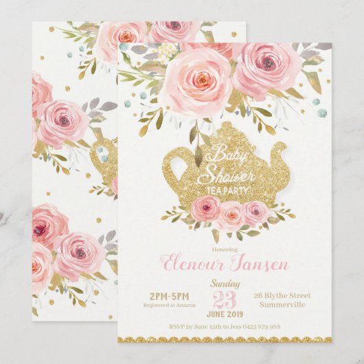 Baby shower rose Floral Tea Party Invitation Girl (Devant / Derrière)
