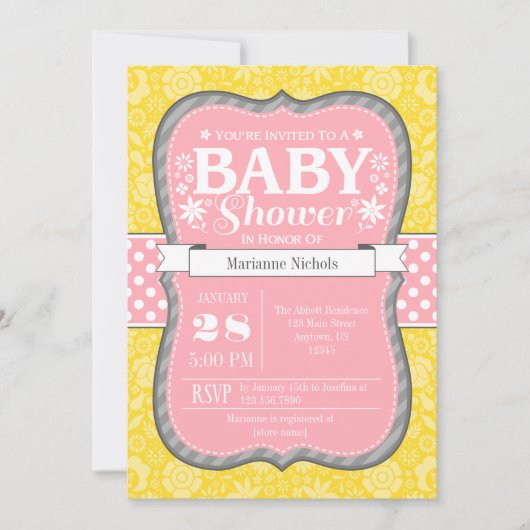 Baby shower rose gris-jaune fleuri Invitation (Devant)