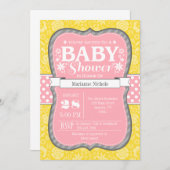 Baby shower rose gris-jaune fleuri Invitation (Devant / Derrière)