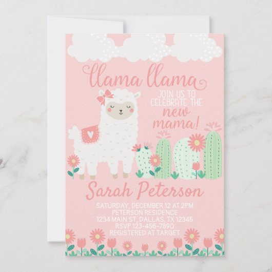 Baby shower rose Llama Invitation de l'invitation (Devant)