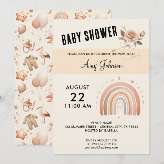 Baby shower Rose mignon - Rainbow Invitation (Devant / Derrière)