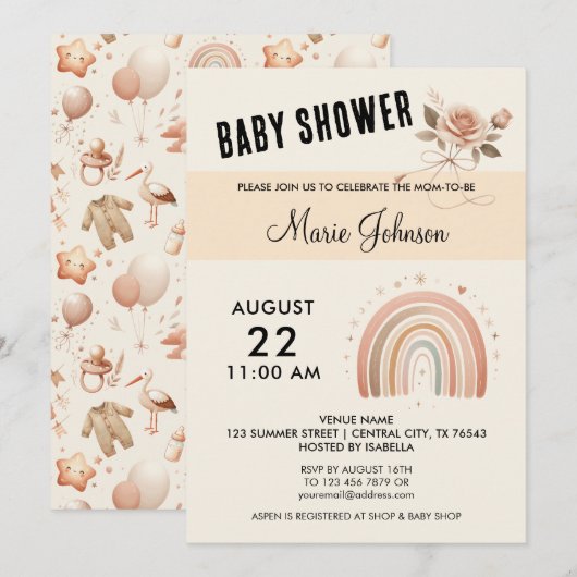 Baby shower Rose mignon - Rainbow Invitation (Devant / Derrière)