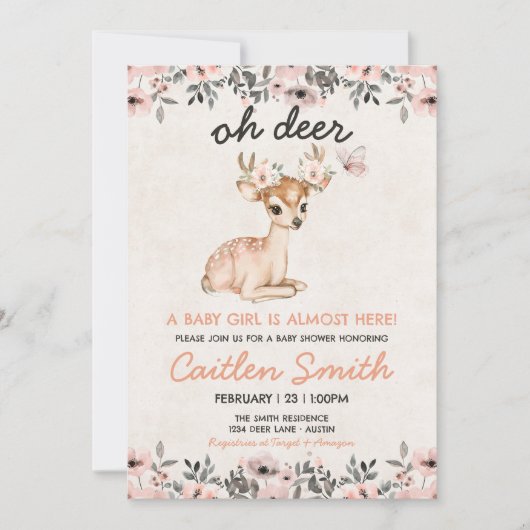 Baby shower rose Oh cerf Invitation florale (Devant)