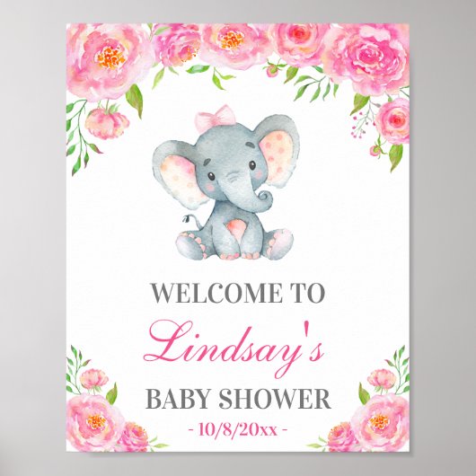 Baby shower rose Peony Elephant fille Affiche de b (Devant)