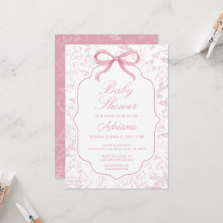 Baby shower rose Toile De Jouy avec Invitation Bow