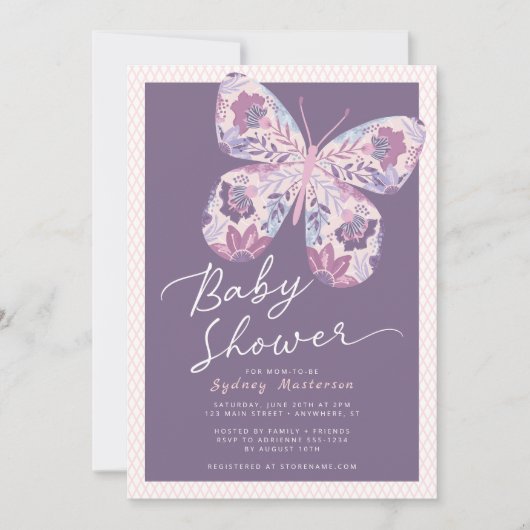 Baby shower rose violet papillon Invitation (Devant)