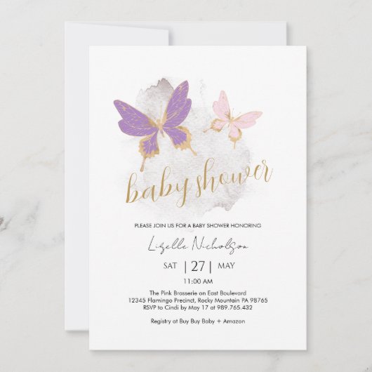 Baby shower rose violet papillon Invitation (Devant)