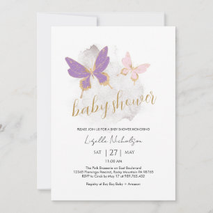 Baby shower rose violet papillon Invitation