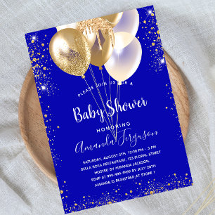 Baby shower royal blue goudballonnen uitnodiging briefkaart