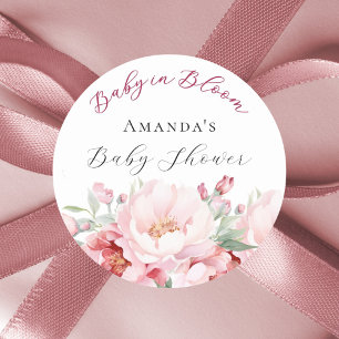 Baby shower roze bloemen baby in bloei ronde sticker