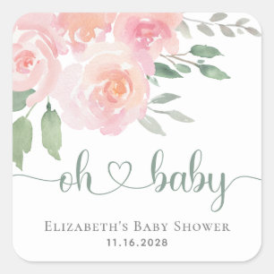 Baby shower Roze Bloemen Waterverf Vierkante Sticker