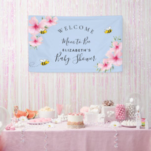 Baby shower roze bloemetjes jongen blauw moeder om spandoek