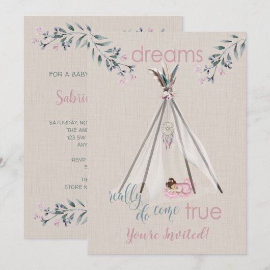 Baby shower Roze Boho Tipi DreamCatcher Kaart (Voorkant / Achterkant)