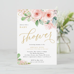 Baby shower, roze en gouden Waterverven bloemen Kaart