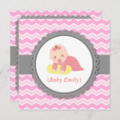 baby shower - Roze en Witte Chevron, babymeisje Kaart (Voorkant / Achterkant)