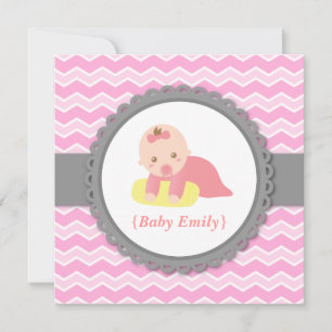 Baby Shower - Roze en Witte Chevron, Meisje Kaart