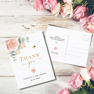 Baby shower roze floral greenery bedankt briefkaart