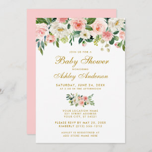 Baby shower Roze Floral White Gold Invite P Kaart