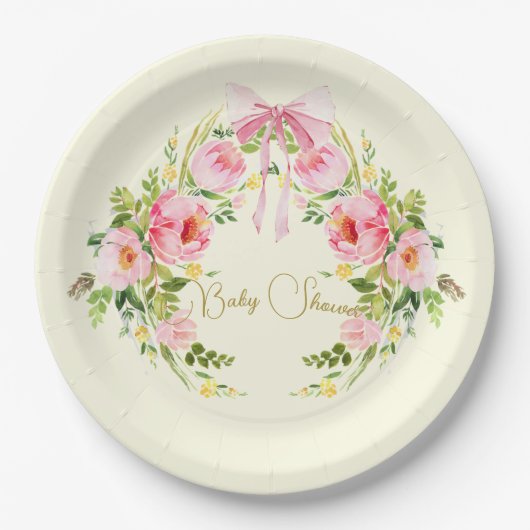 Baby shower Roze Geel Bloemen Crest Regency Bow Papieren Bordje (Voorkant)