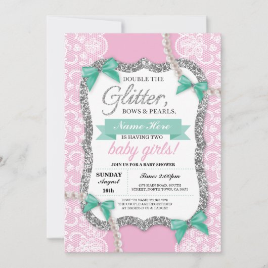 Baby shower Roze Glitter Bow Twins Meisjes Uitnodi Kaart (Voorkant)