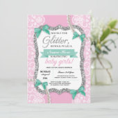 Baby shower Roze Glitter Bow Twins Meisjes Uitnodi Kaart (Staand voorkant)