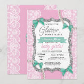 Baby shower Roze Glitter Bow Twins Meisjes Uitnodi Kaart (Voorkant / Achterkant)