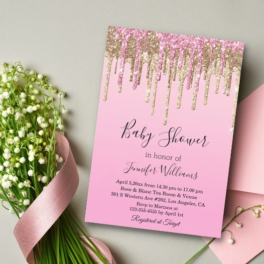 baby shower roze gouddruppelaar uitnodiging