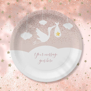 Baby Shower Roze Gouden Ster Glitter Ooievaar Papieren Bordje