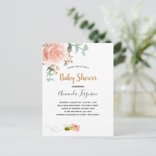 Baby shower roze hommel bijen griesmeisje uitnodiging briefkaart (Staand voorkant)