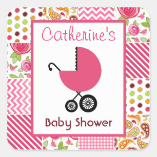 Baby shower Roze Koets & Girly Patchwork Vierkante Sticker