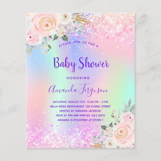 Baby shower roze paarse glitter florage flyer (Voorkant)