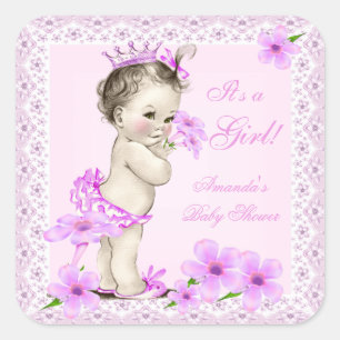  Baby shower  roze roze bloemen Vierkante Sticker