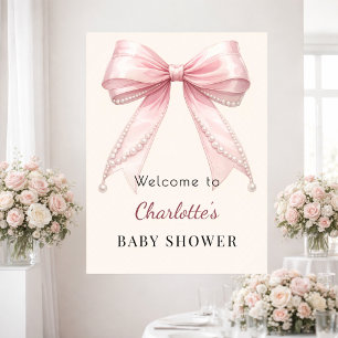 Baby Shower roze strik crèmekleurige ivoor parels Poster