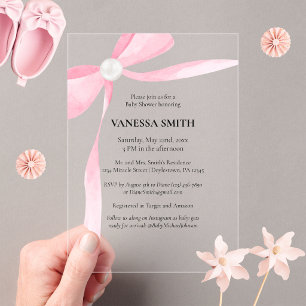 Baby Shower Roze Strik Witte Parel Baby Meisje Mod Acryl Uitnodigingen