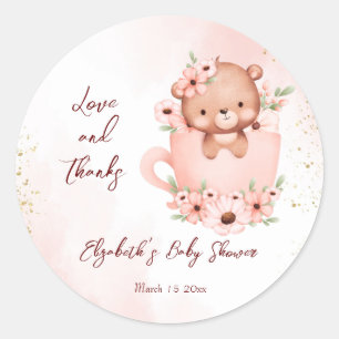 Baby shower roze teddy in een bekertje ronde sticker